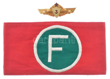 ~1967. A Magyar Néphadsereg 3. osztályú páncélos és gépkocsivezető műgyantás, aranyozott bronz kitüntető jelvénye (25x65mm) + 'F (Forgalomirányító)' karszalag applikációval, gépi hímzéssel, gumipánttal (90x170mm) T:1-