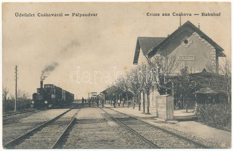 Csák, Csákova, Ciacova; Bahnhof / Pályaudvar, vasútállomás, gőzmozdony, vonat. W.L. 1106. / railway station, locomotive, train (fl)