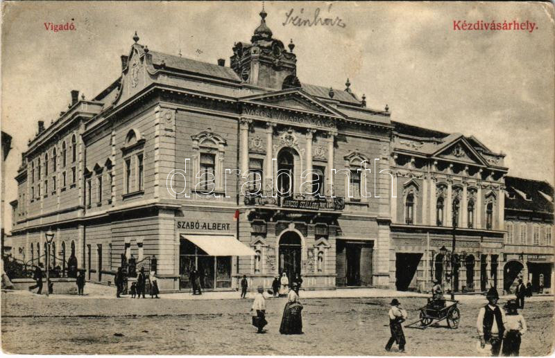 1913 Kézdivásárhely, Targu Secuiesc; Vigadó, színház, Jancsó szálloda, Szabó Albert, Kupán József, Kovács János üzlete. Turóczi István kiadása / hotel, restaurant and theatre, shops (EK)