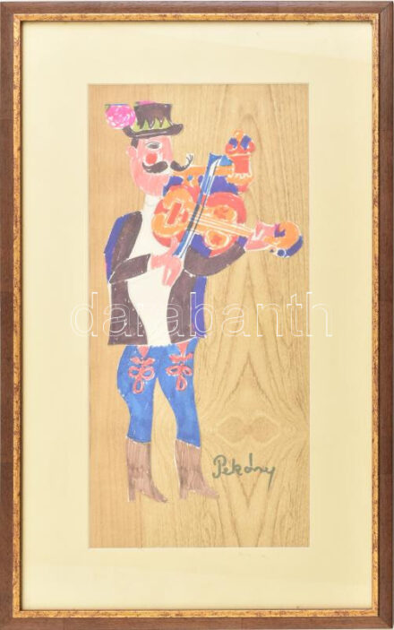 Pekáry jelzéssel: Hegedűs. Kollázs, fára ragasztva. Üvegezett fakeretben, 35×16 cm