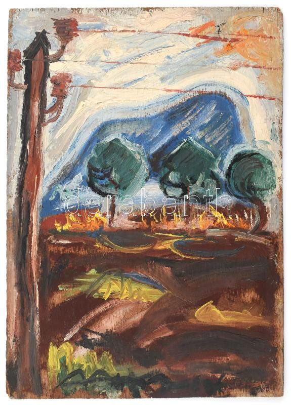 Fodor jelzéssel: Színes táj (kétoldalas mű, hátoldalán női arckép). Olaj, fa. Kissé sérült. 30×21 cm