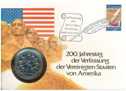 Man-sziget 1987. 1C Cu-Ni '200 éves az Egyesült Államok Alkotmánya' forgalomba nem került emlékkiadás felbélyegzett borítékban, bélyegzéssel, német nyelvű leírással T:1 kis patina Isle of Man 1987. 1 Crown Cu-Ni 'Bicentenary of the