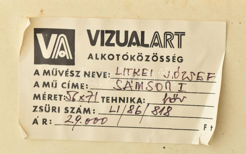 Litkei József (1922-1988): Sámson I. Bőrkép, hátoldalán Vizualart címkén feliratozott, fakeretben, 56×71 cm - Image 3