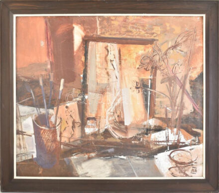 Novák András (1936-2017): Fények, 1984. Olajtempera, farost, jelzett, hátoldalán autográf felirattal és Képcsarnok Vállalat címkével, fakeretben, 70×80 cm