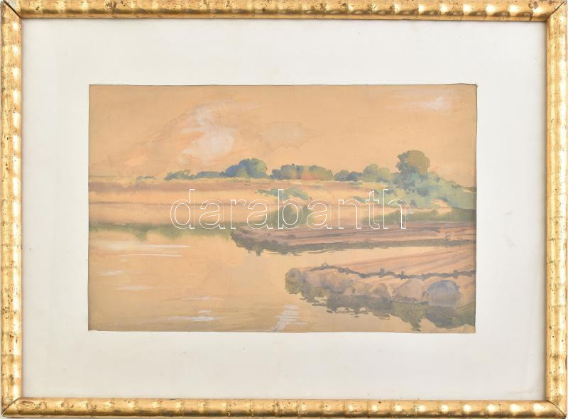 Szontágh Tibor (1873-1930): Tutajok a Tiszán. Akvarell, papír, jelezve jobbra lent (paszpartu által kissé takarva). Dekoratív, üvegezett fakeretben. Hátoldalán korabeli Nemzeti Szalon valamint Magyar Akvarell és Pasztellfestők