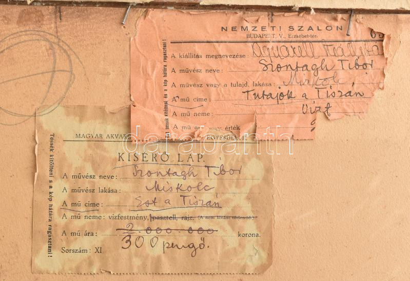 Szontágh Tibor (1873-1930): Tutajok a Tiszán. Akvarell, papír, jelezve jobbra lent (paszpartu által kissé takarva). Dekoratív, üvegezett fakeretben. Hátoldalán korabeli Nemzeti Szalon valamint Magyar Akvarell és Pasztellfestők - Image 2