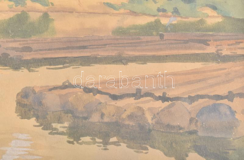 Szontágh Tibor (1873-1930): Tutajok a Tiszán. Akvarell, papír, jelezve jobbra lent (paszpartu által kissé takarva). Dekoratív, üvegezett fakeretben. Hátoldalán korabeli Nemzeti Szalon valamint Magyar Akvarell és Pasztellfestők - Image 3