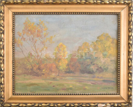 Szontágh Tibor (1873-1930): Őszi táj. Olaj, vászon, jelzett. Dekoratív, kissé sérült fakeretben. 35,5×45 cm