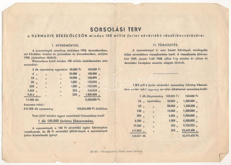 1952. 'Harmadik Békekölcsön' sorsjegy 50Ft-ról, szárazpecséttel T:III,III- - Image 2