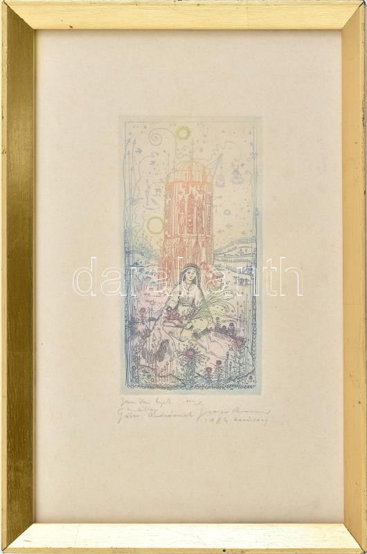 Gross Arnold (1929-2015): Jan van Eyck emléklap. Színes rézkarc, papír. Autográf: Gábor Andrásnak 1984 Karácsony. Jelzett. 13x7 cm. Üvegezett fém keretben.