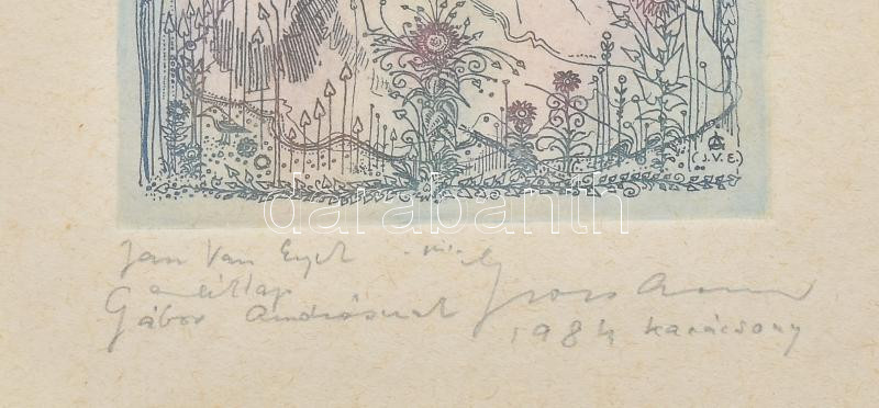 Gross Arnold (1929-2015): Jan van Eyck emléklap. Színes rézkarc, papír. Autográf: Gábor Andrásnak 1984 Karácsony. Jelzett. 13x7 cm. Üvegezett fém keretben. - Image 2