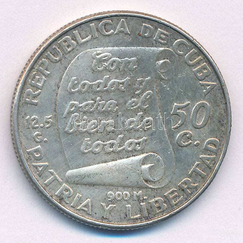 Kuba 1953. 50c Ag 'Jose Marti' T:2,2- patina Cuba 1953. 50 Centavos Ag 'Jose Marti' C:XF,VF patina Krause KM#28 - Image 2