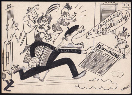 Kassowitz Félix (1907-1983): Itt a legujabb kéjgyilkosság (karikatúra). Tus, papír, jelezve jobbra lent. Kétoldalas, hátoldalán a karikatúra egy másik ceruzavázlata és Ludas Matyi bélyegzőjével. 15x21 cm.