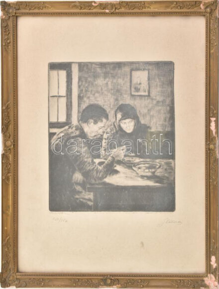 Glatz Oszkár (1872-1958) - Prihoda István (1891-1965): Ebédelők. Rézkarc, papír, jelzett (Glatz Oszkár, Prihoda István), számozott (134/150). Dekoratív, üvegezett, sérült fakeretben, 22×19 cm
