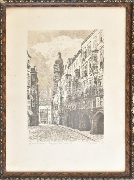 Olvashatatlan jelzéssel: Innsbruck, Herzog-Friedrich-Straße. Rézkarc, papír. Dekoratív, üvegezett fakeretben, 26,5×18,5 cm