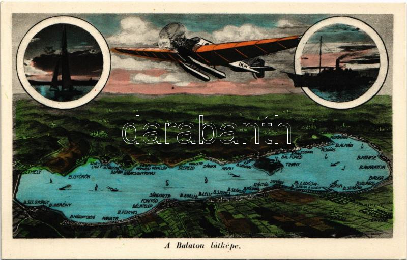 Balaton, térkép, gőzhajó, vitorlás és hidroplán
