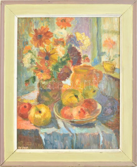 Bíró Ferenc (1921-2001): Csendélet. Olaj, fa, jelzett. Sérült. Fakeretben. 50x39 cm