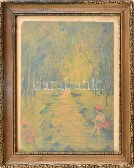 Olvashatatlan jelzéssel: Lány a patakparton. Akvarell, papír. Dekoratív, üvegezett fakeretben. 24x17 cm