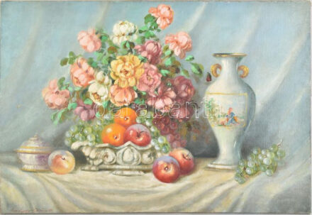 Bokor Imre (?-?): Virágok. Olaj, vászon, jelzett, sérült. 58x86 cm