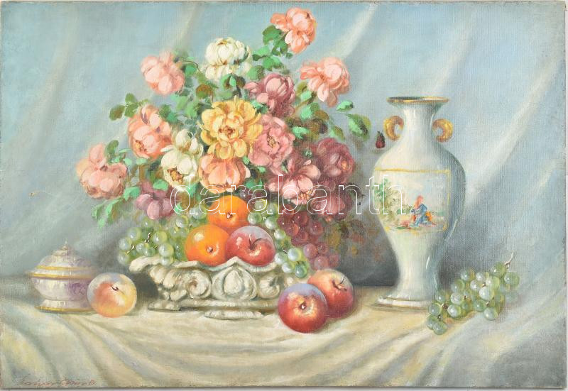 Bokor Imre (?-?): Virágok. Olaj, vászon, jelzett, sérült. 58x86 cm