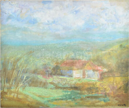 Keleti Jenő (1920-1998): Színes táj. Olaj, farost, jelzett, 50×58 cm
