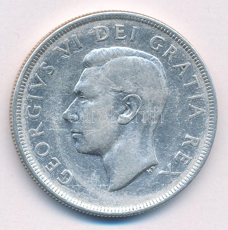 Kanada 1949. 1D Ag 'Új-Fundland csatlakozása Kanadához' forgalmi emlékérme T:2-,3 patina Canada 1949. 1 Dollar Ag 'Accession of Newfoundland to Canada' circulating commemorative coin C:VF,F patina Krause KM#47