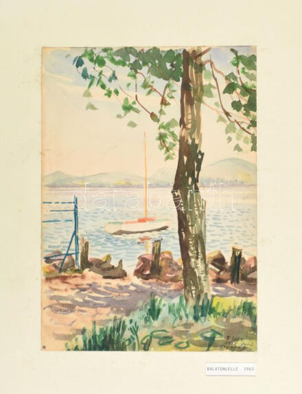 Legány Zoltán (1911-1993): Balatonlelle, 1965. Akvarell, papír, jelzett, kartonra kasírozva, lapszéli apró szakadással. Feltehetően kiállítva: Magyar Építőművészek Szövetsége, egyéni gyűjteményes kiállítás, 1989. 30×21 cm