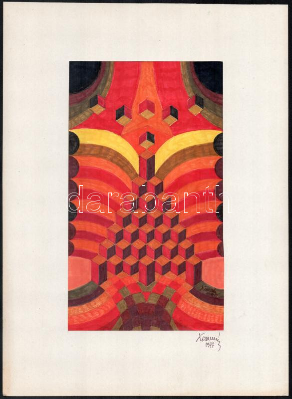 Koppány Frigyes (?-?): Díszletterv, 1977. Vegyes technika, papír, jelzett, a hátoldalán autográf felirattal. Paszpartuban. 26x15 cm