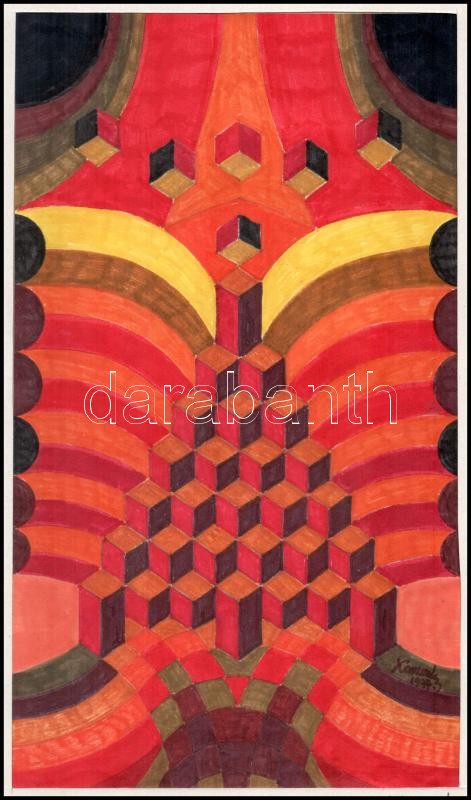 Koppány Frigyes (?-?): Díszletterv, 1977. Vegyes technika, papír, jelzett, a hátoldalán autográf felirattal. Paszpartuban. 26x15 cm - Image 2