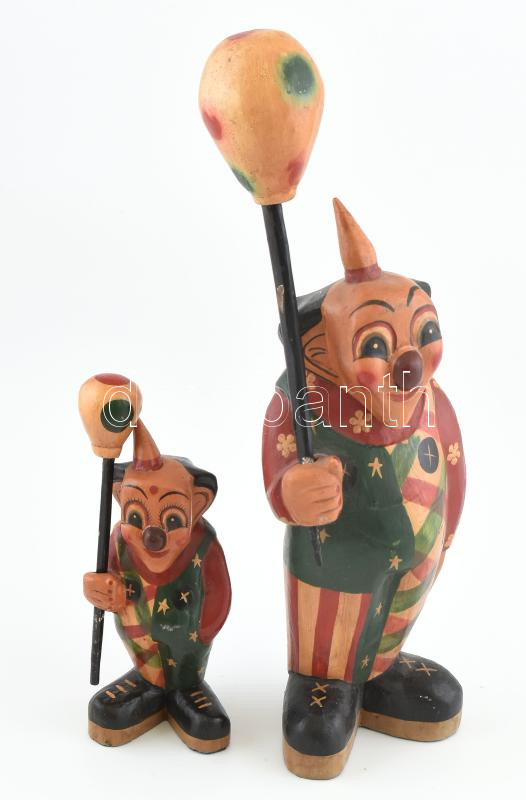 2 db fa bohóc lufival. Kézzel festett fa. 37 cm, 20 cm