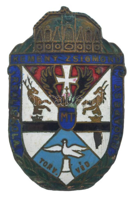 ~1940. 'Kemény Zsigmond Reáliskola Budapest' zománcozott bronz jelvény (55x32mm) T:2- patina, kis zománchiba, hajlás