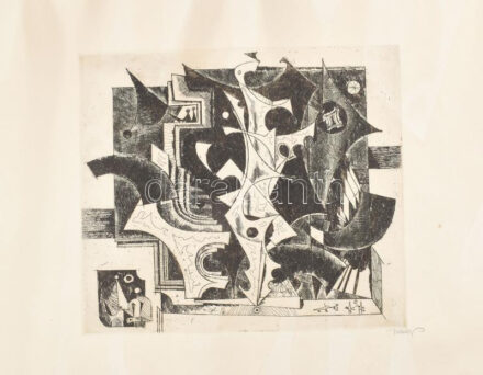 Hincz Gyula (1904-1986): Kompozíció (cím nélkül). Rézkarc, papír, jelzett.Hullámos, foltos 29x34 cm