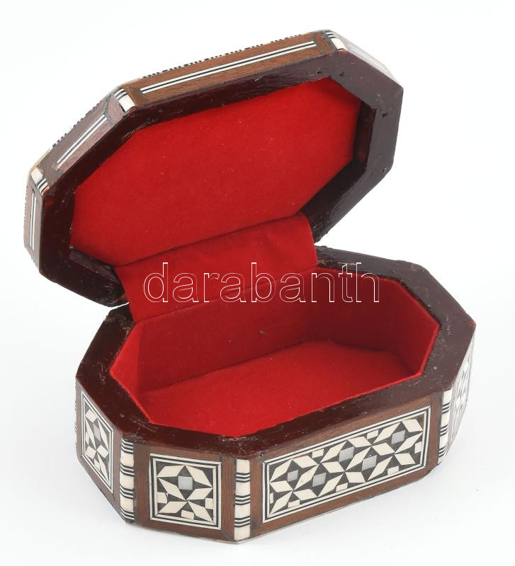 Intarziás, csont és gyöngyház berakásos ékszertartó doboz, kis hibákkal, 14x9,5x5 cm - Image 2