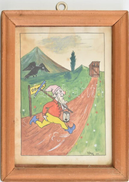 Olvashatatlan jelzéssel: Toalettre / vécére futó törpe. Vegyes technika, papír, üvegezett keretben. kis foltokkal, 19x13 cm