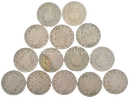 Amerikai Egyesült Államok 1902-1912. 5c Cu-Ni (14db, 8xklf) T:3 USA 1902-1912. 5 Cents Cu-Ni (14db, 8xklf) T:3 Krause KM#112