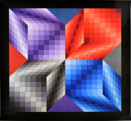 Vasarely Victor (1908-1997): KUB-STRI. Heliogravűr, papír. Neuchatel, 1974, Éditions du Griffon. Bal alsó sarkában Fondation Vasarely Aix-En-Provence szárazbélyegzőjével. 35x35 cm. / Victor Vasarely (1908-1997): KUB-STRI. Photogravure on