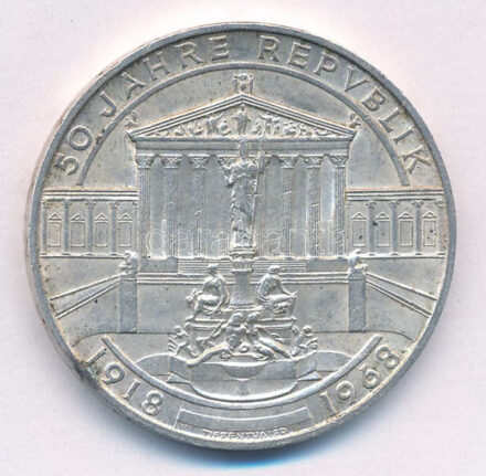 Ausztria 1968. 50Sch Ag '50 éves a Köztársaság' T:1-,2 kis patina Austria 1968. 50 Schilling Ag '50th Anniversary of the Republic' C:AU,XF small patina Krause KM#2904.1
