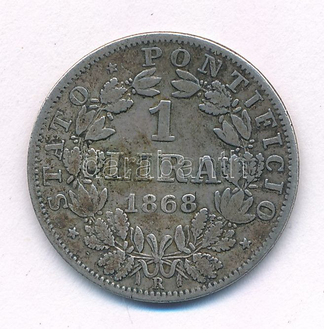 Olasz Államok / Pápai Államok 1868R 1L Ag 'IX. Pius' T:2-,3 patina Italian States / Papal States 1868R 1 Lira Ag 'Pio IX' C:VF,F patina Krause KM#1387 - Image 2