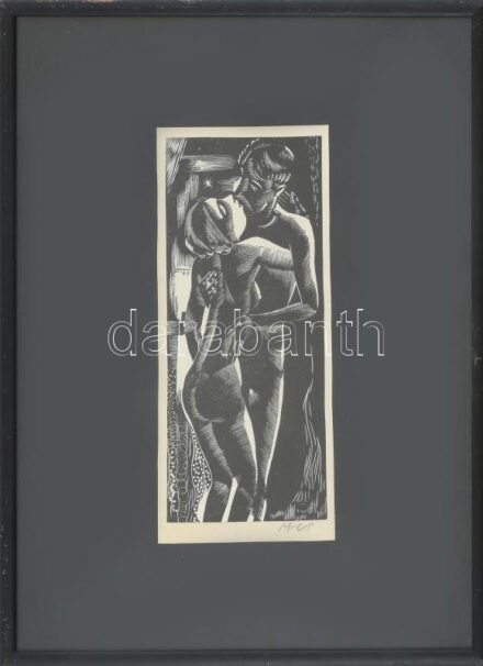 Molnár C. Pál (1894-1981): Csók. Fametszet, papír, utólagos jelzéssel. Üvegezett keretben. 21x9 cm