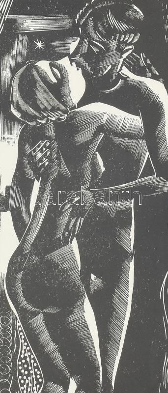 Molnár C. Pál (1894-1981): Csók. Fametszet, papír, utólagos jelzéssel. Üvegezett keretben. 21x9 cm - Image 2