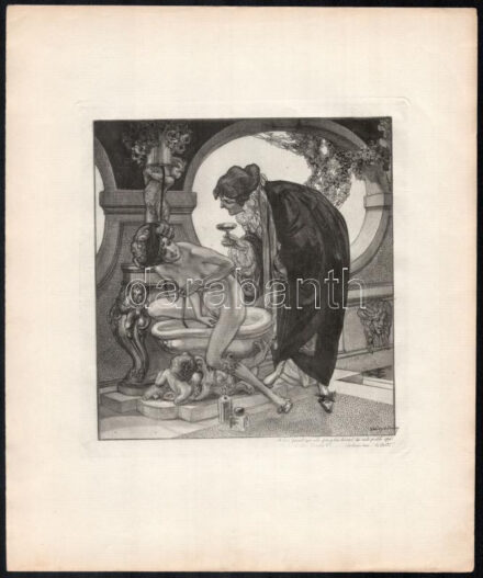 Franz von Bayros (1866-1924): Erotikus jelenet. Heliogravűr, papír, jelzett a nyomaton. 18×18 cm