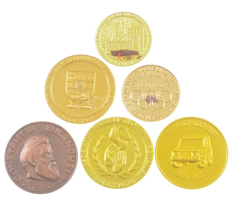 Románia ~1980-1990. 'Filatéliai Kiállítás' 6xklf filatélia témájú eloxált, festett kétoldalas Al emlékérem T:1,1- ragasztásnyom Romania '1980-1990. 'Expozitia Filatelica' 6xdiff philatelic theme anodized, painted double sided Al