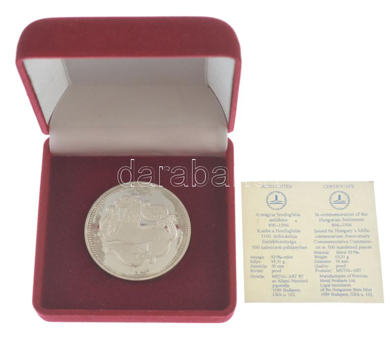 1996. 'A Honfoglalás 1100. évfordulója 1996' jelzett Ag emlékérem, tanúsítvánnyal, dísztokban (93,31g/0.925/50mm) T:1 (eredetileg PP) - Image 3
