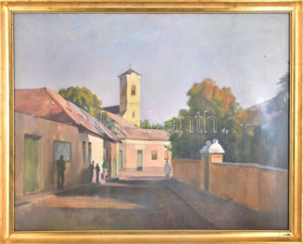 Bánovszky Miklós (1895-1995): Szentendrei utca, olaj, vászon, jelzett, hátoldalán autográf felirattal. Üvegezett fakeretben. 70x90 cm