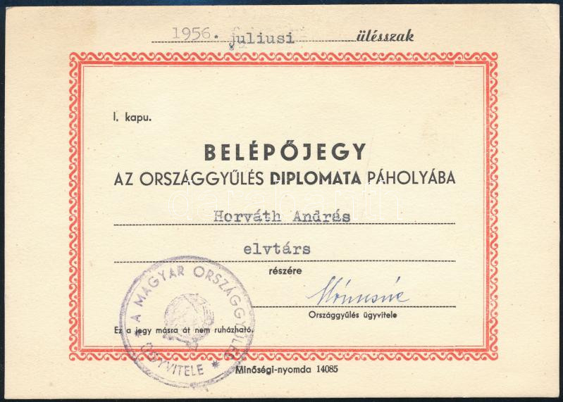 1956 Belépő az Országgyűlés diplomata páholyába, 10x14,5 cm