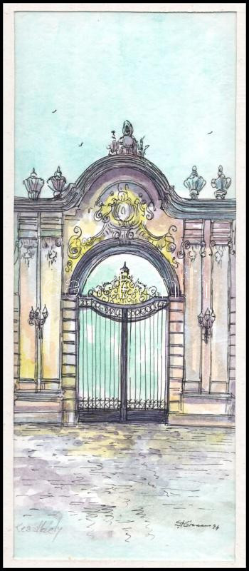 Stefan Grecu (?-?): Keszthelyi Festetics-kastély bejárati kapuja. Akvarell, tus, papír, jelzett, paszpartuban, 23x9 cm - Image 2