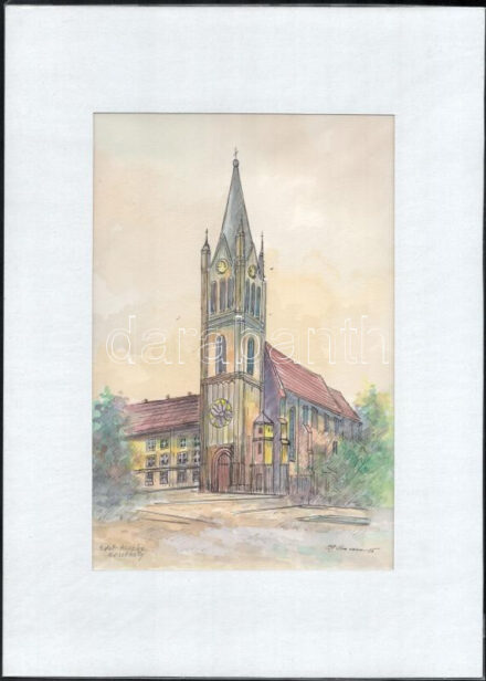 Stefan Grecu (?-?): Keszthely, Magyarok Nagyasszonya Plébániatemplom. Akvarell, tus, papír, jelzett, paszpartuban, 23,5x15,5 cm