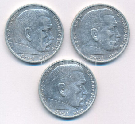 Német Harmadik Birodalom 1936A 5M Ag 'Hindenburg' (3x) T:2,2- German Third Reich 1936A 5 Reichsmark Ag 'Hindenburg' (3x) C:XF,VF Krause KM# 86