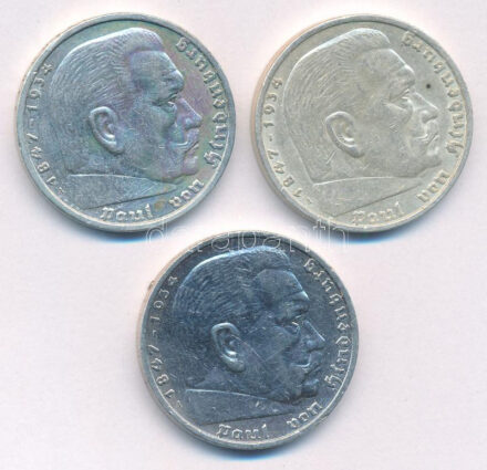 Német Harmadik Birodalom 1936A 5M Ag 'Hindenburg' (3x) T:2,2- German Third Reich 1936A 5 Reichsmark Ag 'Hindenburg' (3x) C:XF,VF Krause KM# 86