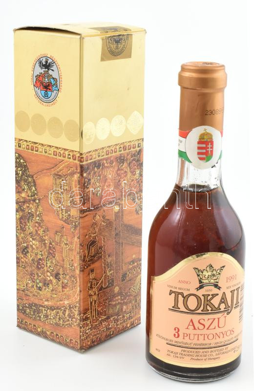 1991 Tokaji aszú, 3 puttonyos, bontatlan palack fehérbor, díszdobozban, 0,25 l